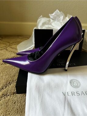 Versace Purple Patent Pointed-Toe Stiletto Heels with Silver Logo Heel
